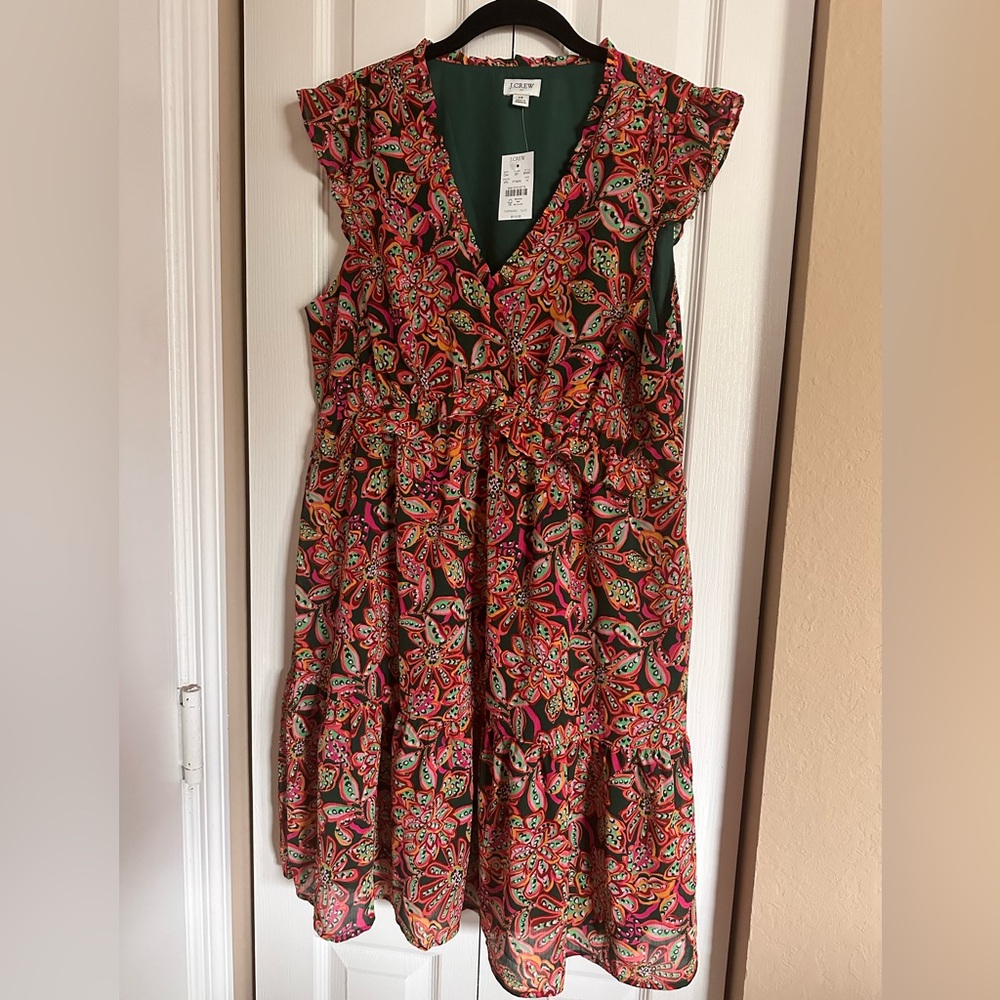 NWT, J. Crew, Floral Ruffled Dress with pockets, Size 14